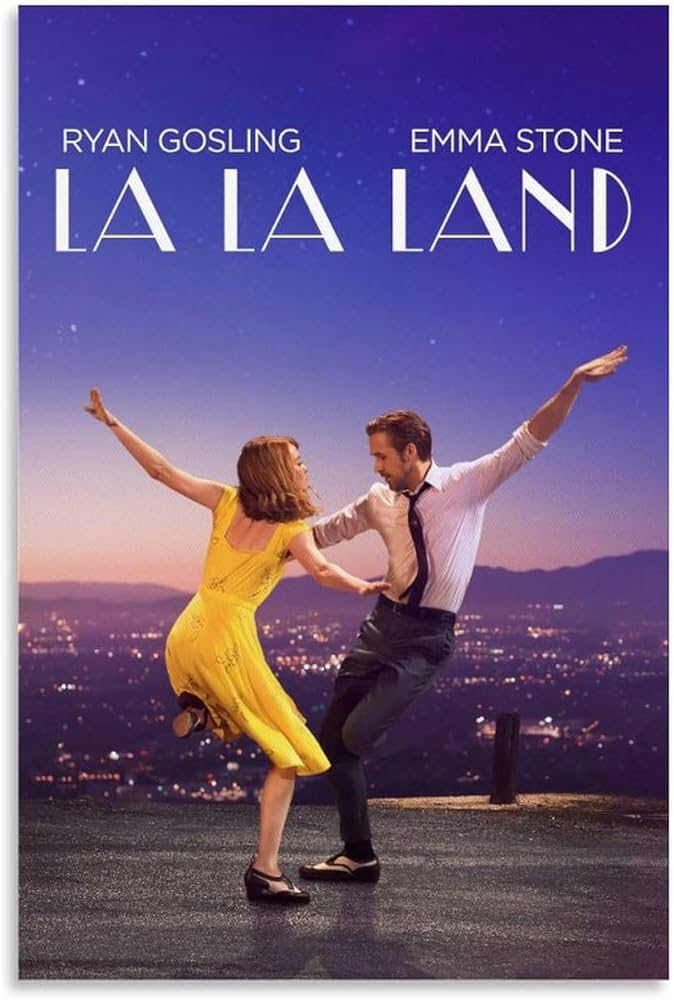 La La Land Movie Poster featuring Ryan Gosling and Emma Stone dancing in the city of Los Angeles backdrop