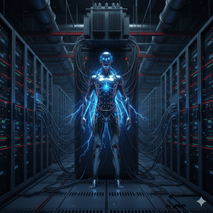 AI humanoid standing in the middle of inside of a data center warehouse, getting charged up